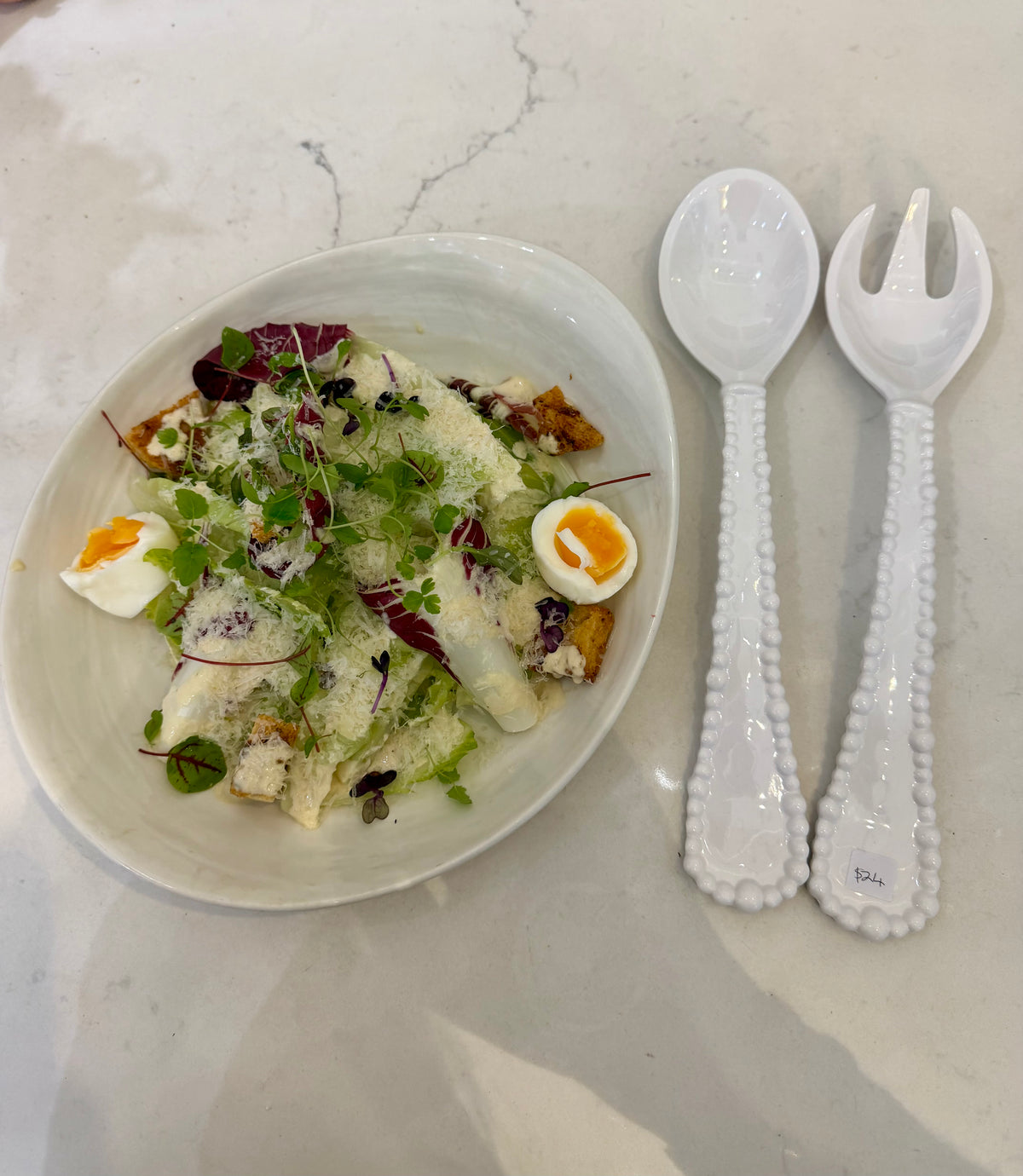 Melamine beaded salad servers white