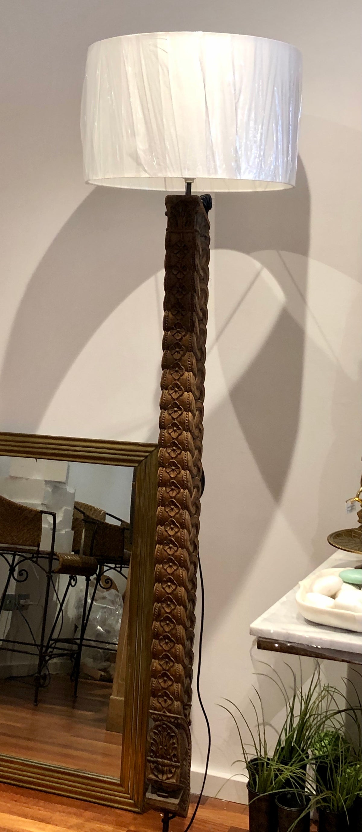 Timber carved pillar base and shade